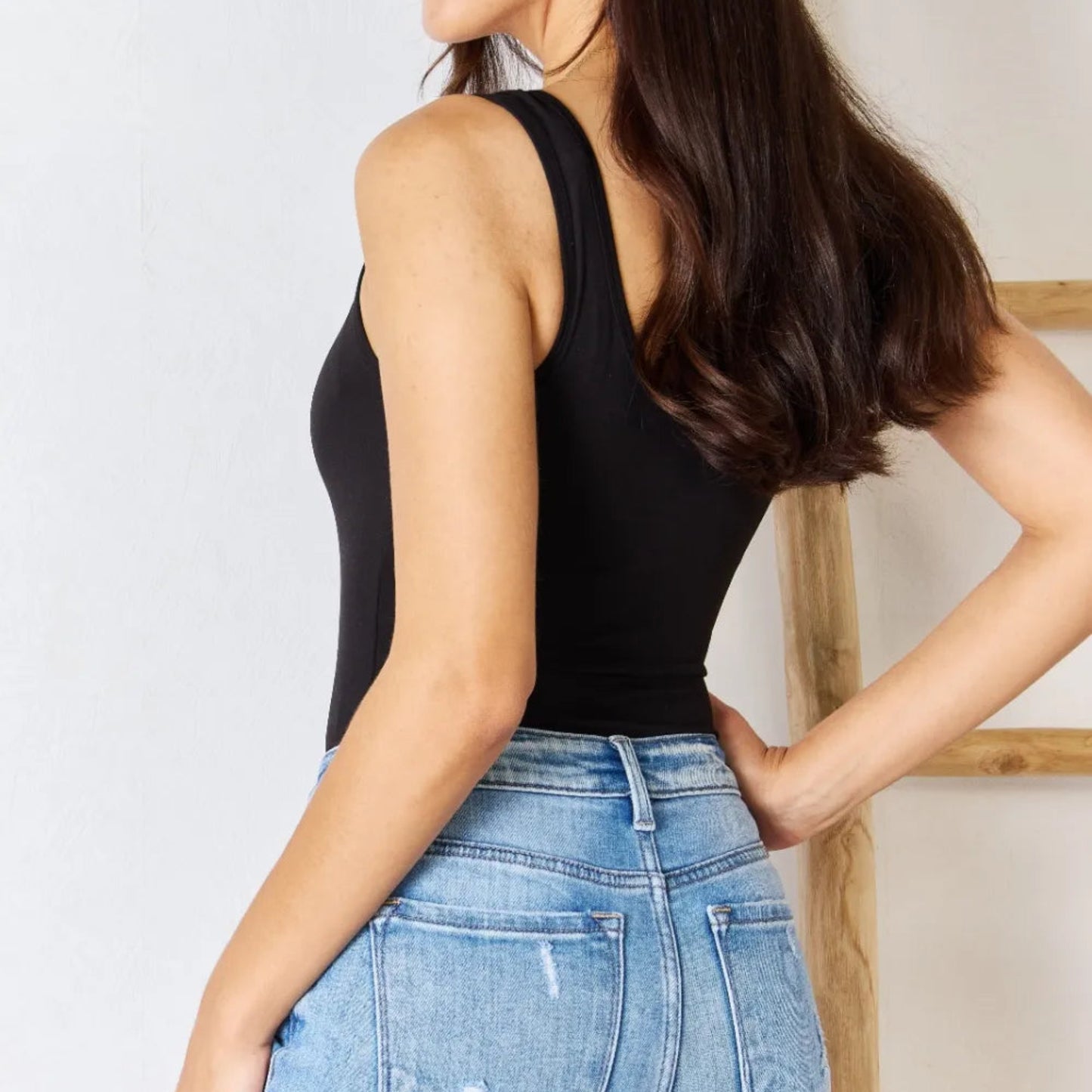 Zenana Microfiber Notched Sleeveless Bodysuit in Black - Back View