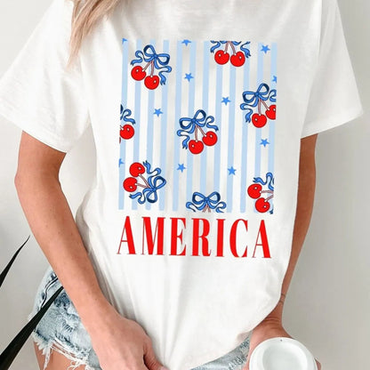 Bow Cherry AMERICA Graphic Crewneck Patriotic T-Shirt in White - Lifestyle View 2