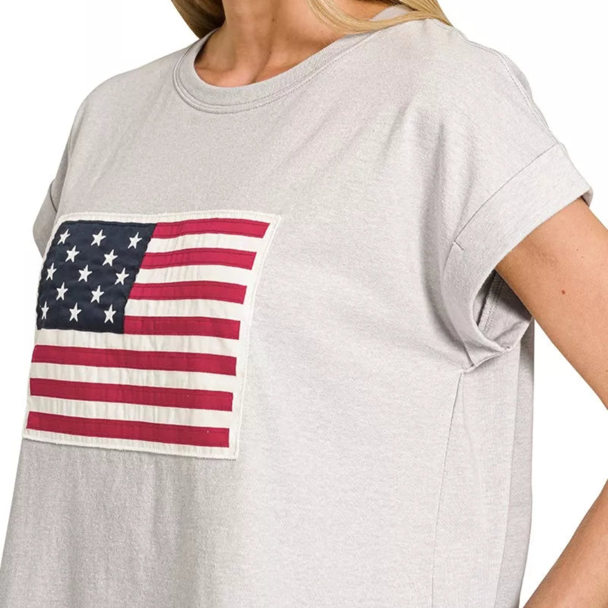 Zenana Round Neck Short Sleeve American Flag T-Shirt in Heather Grey - Side View