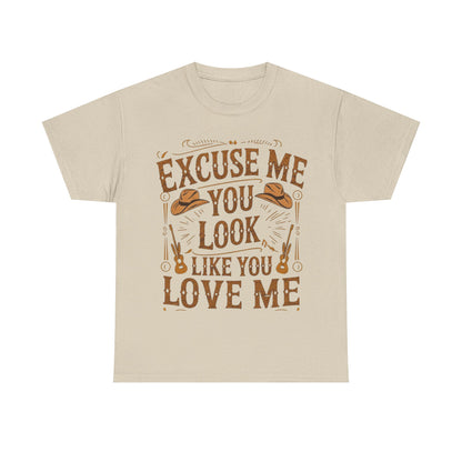 Excuse Me You Look Like You Love Me Graphic Tee in Sand - Front View