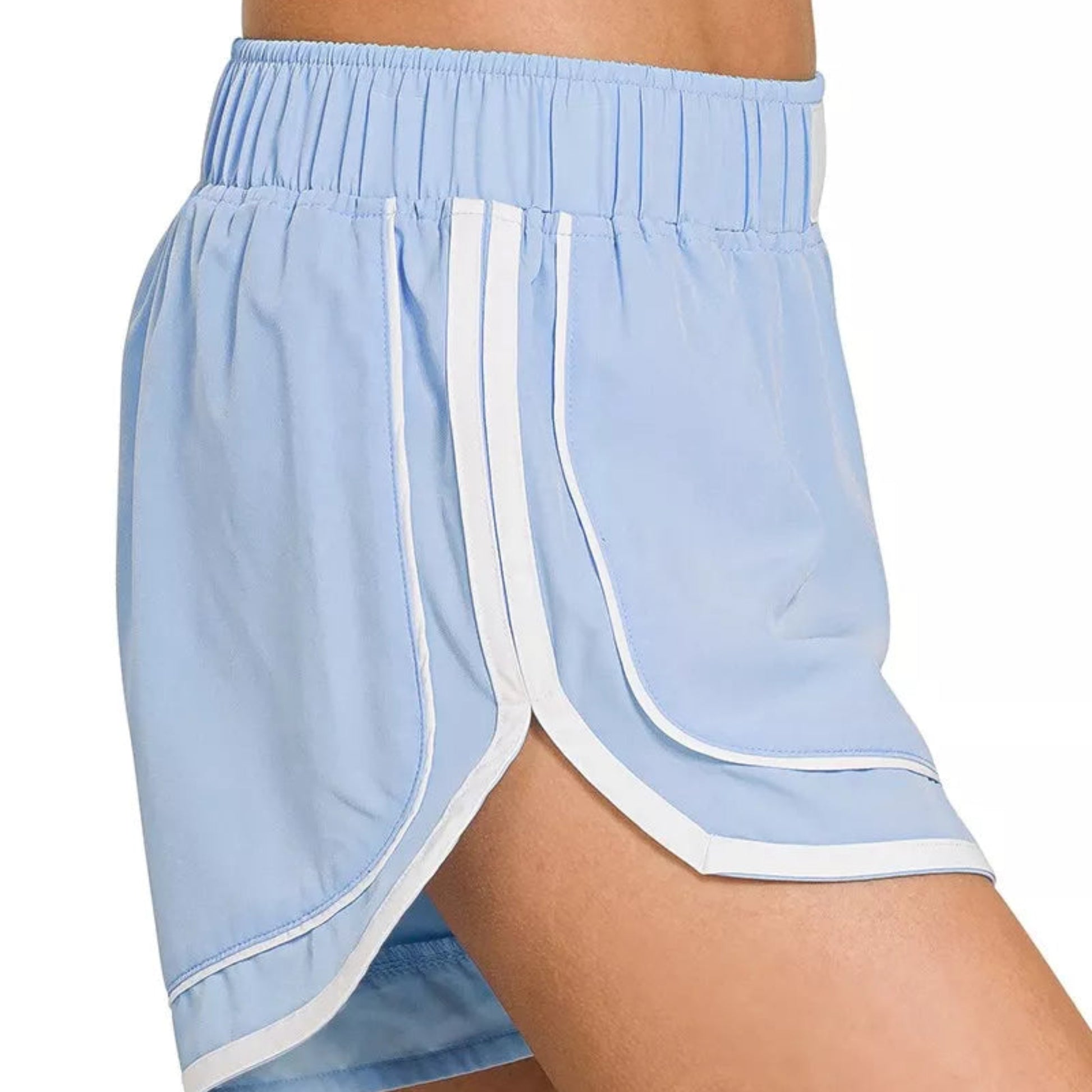 Zenana Soft Woven Lined Dolphin Shorts in Light Blue - Side View