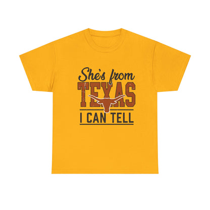 She's From Texas I Can Tell T-Shirt in Gold - Front View
