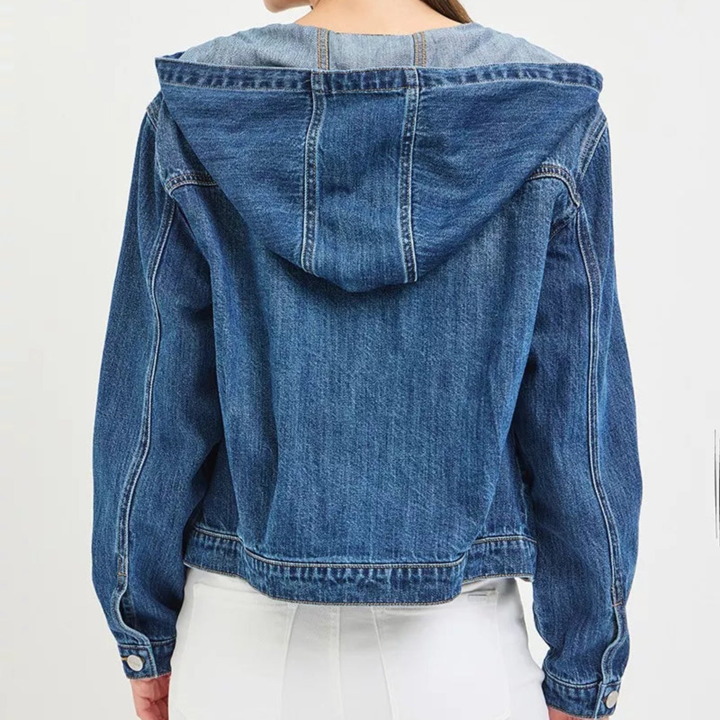 RISEN Hooded Denim Jacket in Medium Wash - Back View