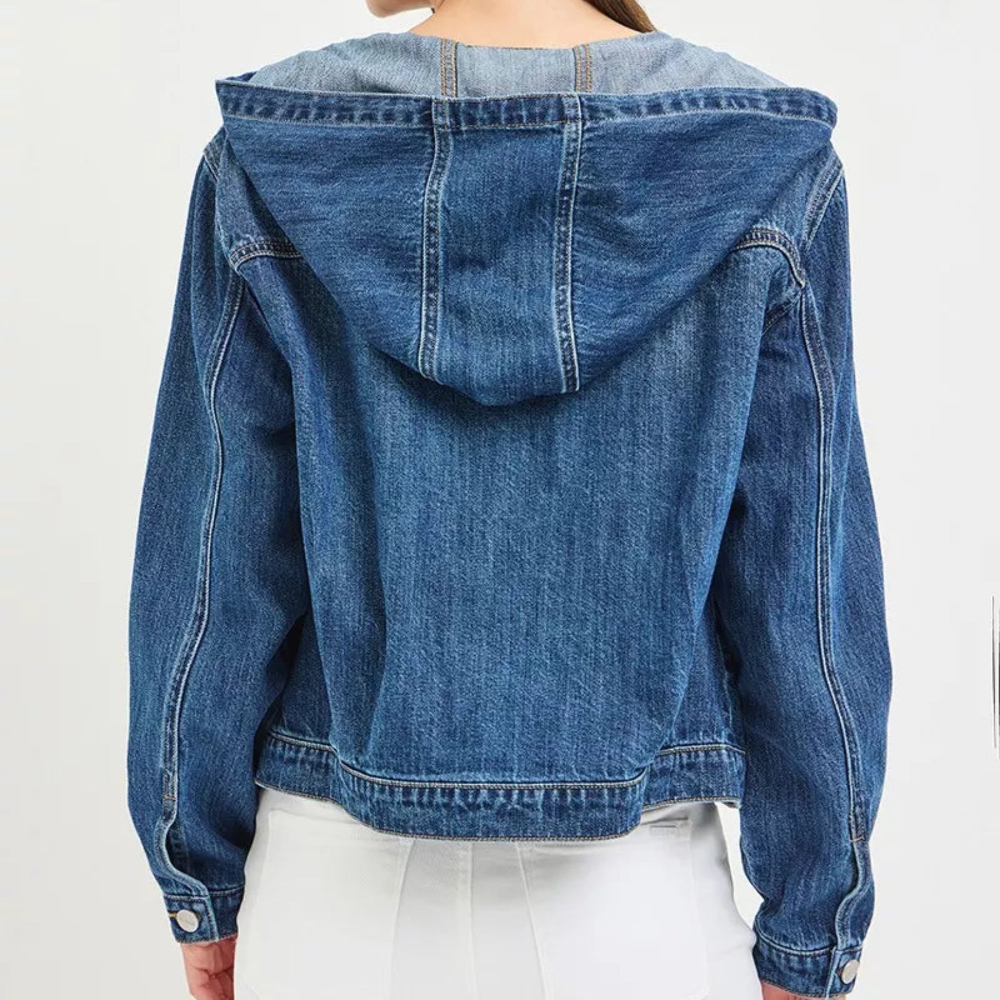RISEN Hooded Denim Jacket in Medium Wash - Back View