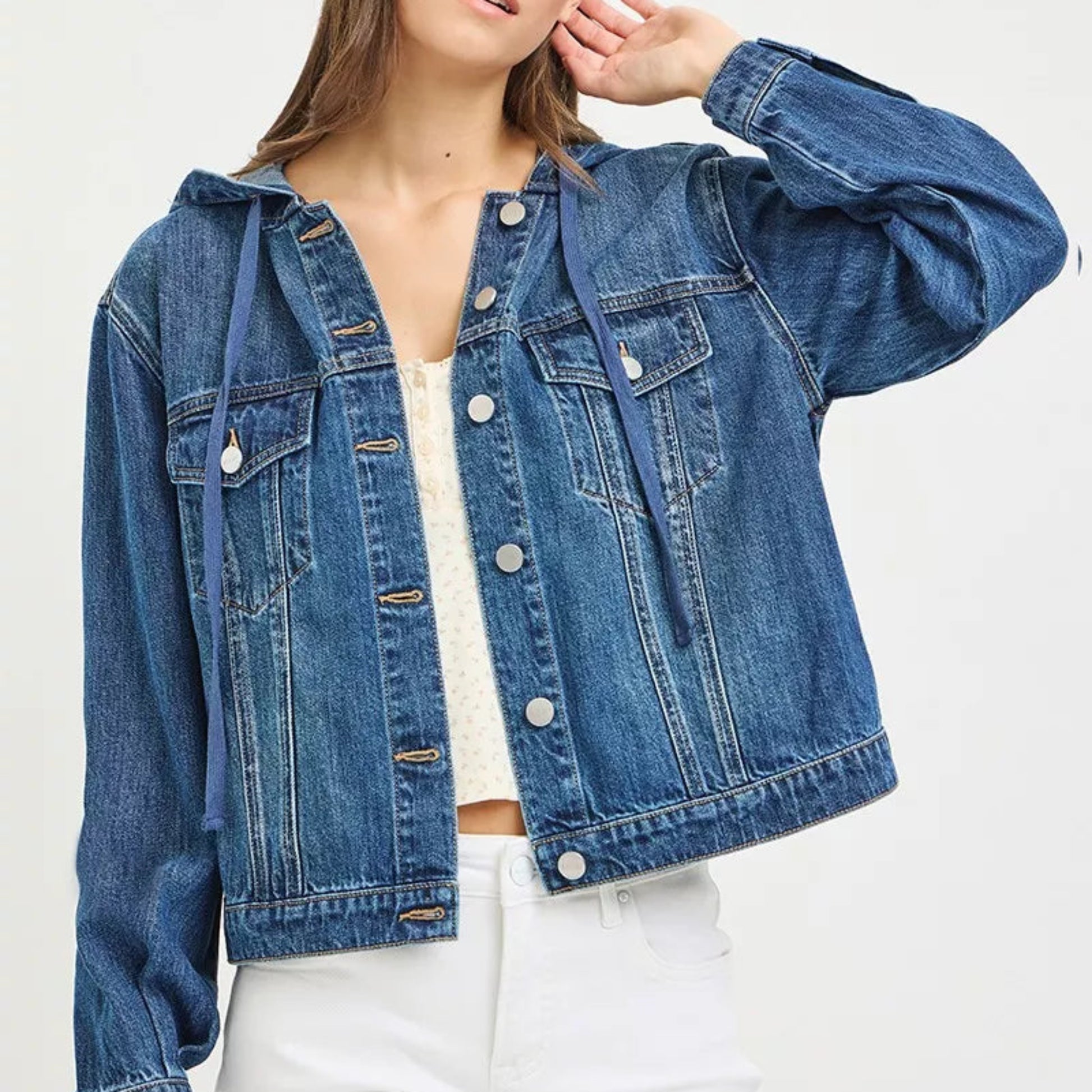 RISEN Hooded Denim Jacket in Medium Wash - Lifestyle View 1