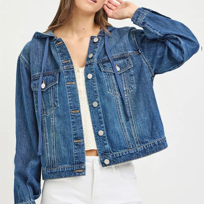 RISEN Hooded Denim Jacket in Medium Wash - Lifestyle View 1