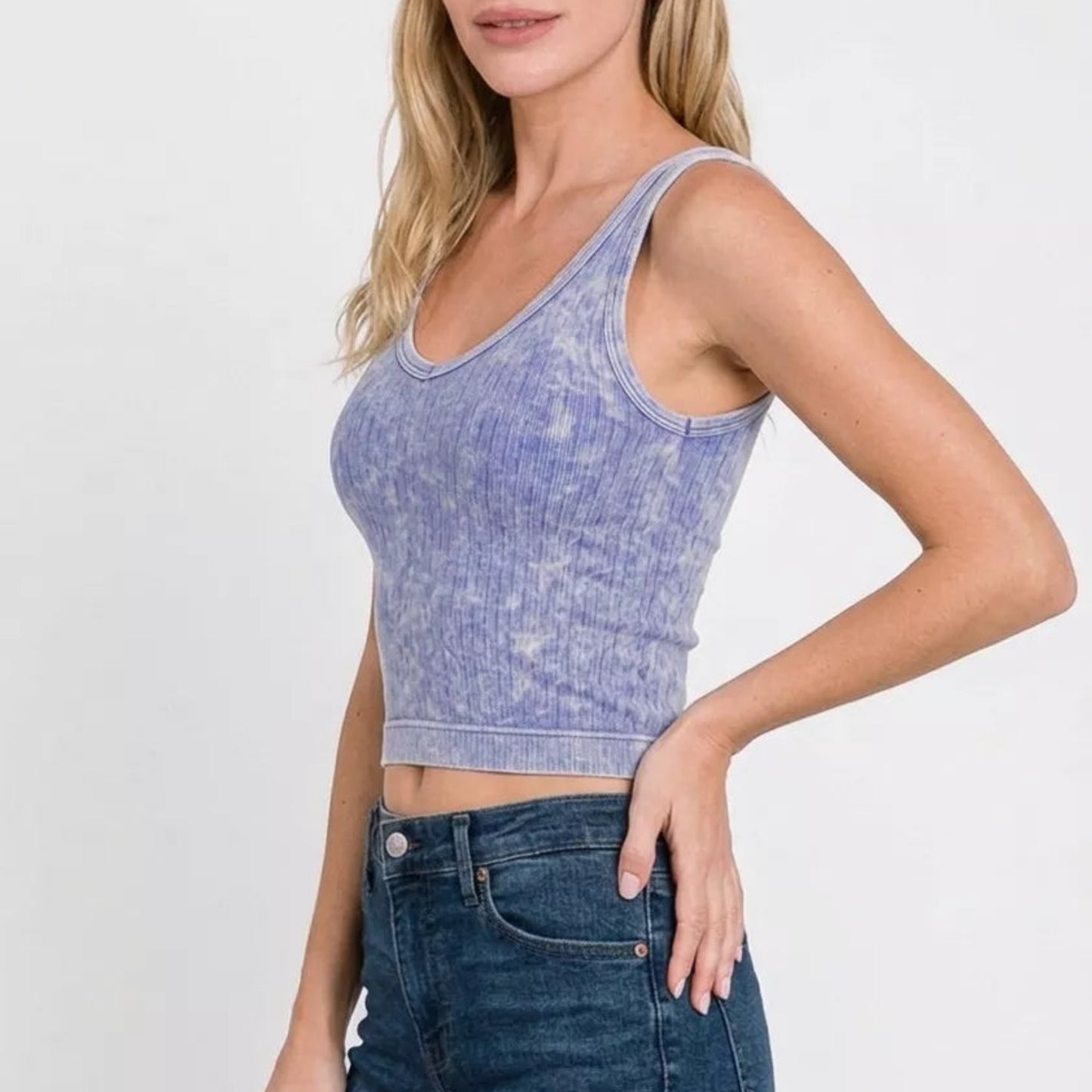 Zenana Washed Ribbed Seamless Cropped V-Neck Tank Top in Light Indigo - Side View