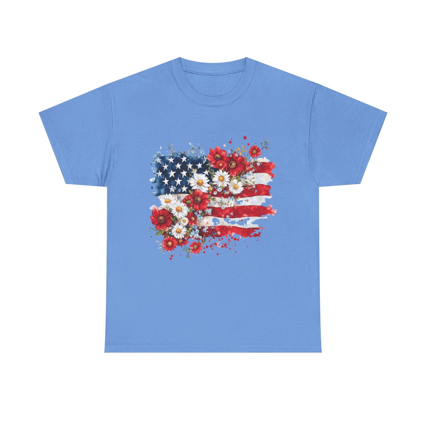 Floral Flag Patriotic T-Shirt in Carolina Blue - Front View
