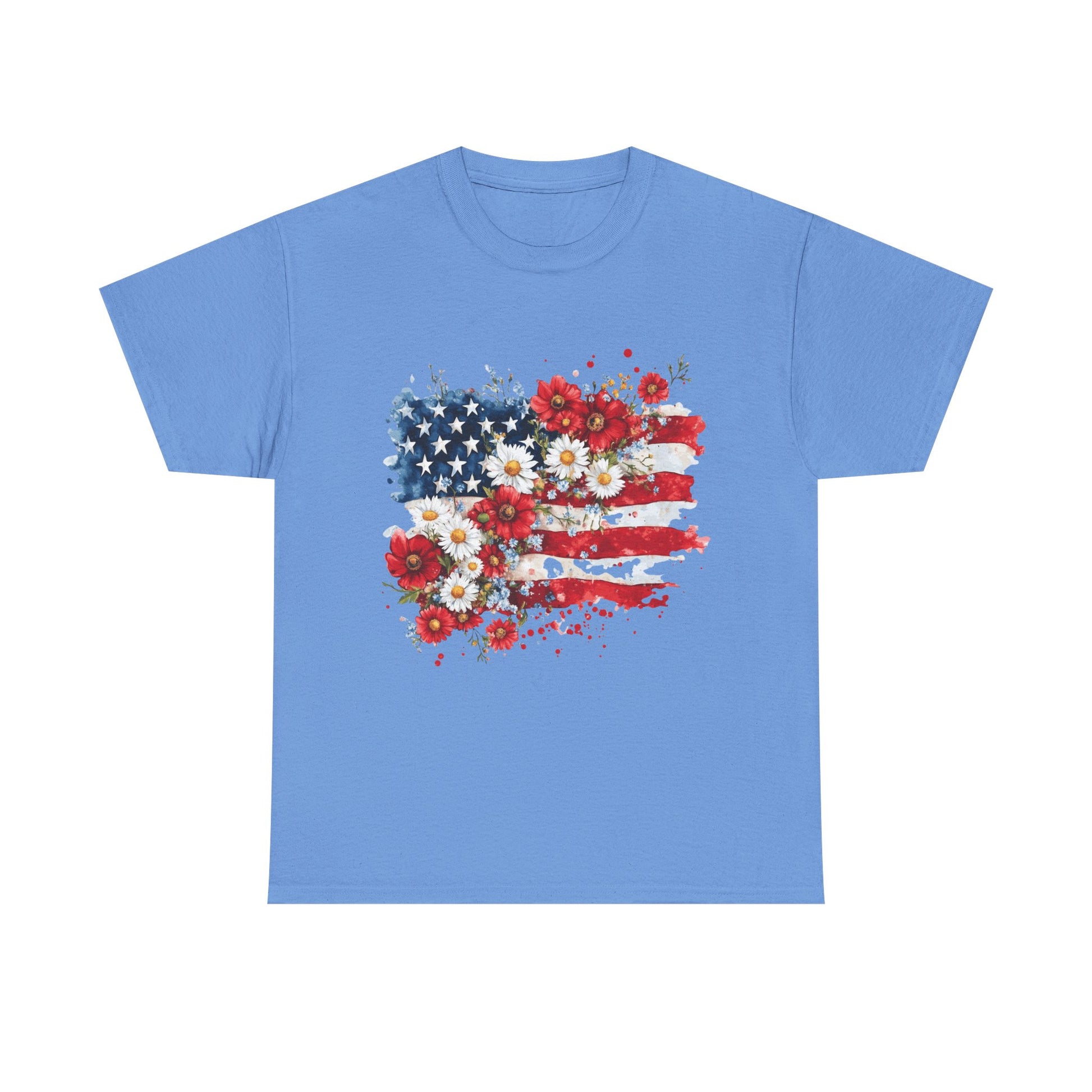 Floral Flag Patriotic T-Shirt in Carolina Blue - Front View

