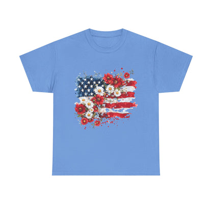 Floral Flag Patriotic T-Shirt in Carolina Blue - Front View
