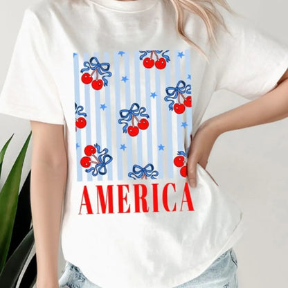 Bow Cherry AMERICA Graphic Crewneck Patriotic T-Shirt in White - Front View