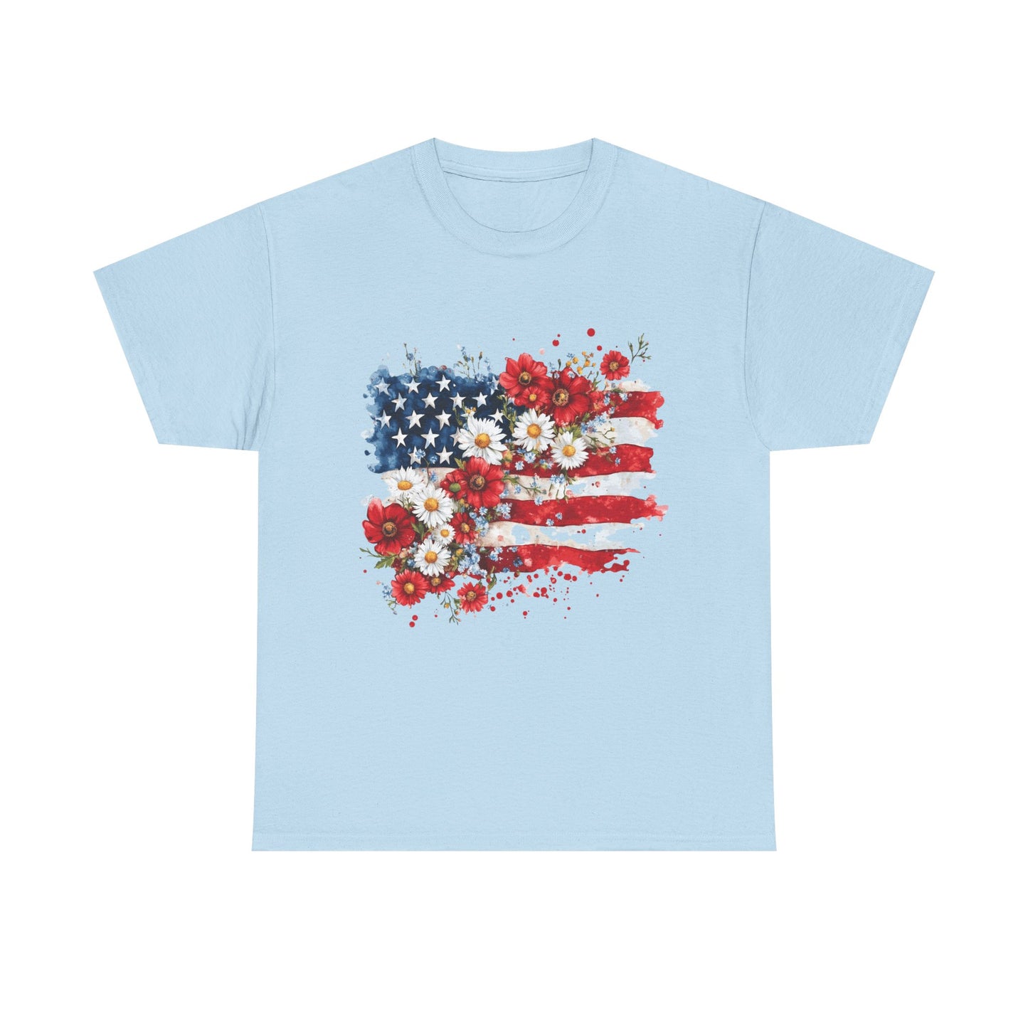 Floral Flag Patriotic T-Shirt in Light Blue - Front View
