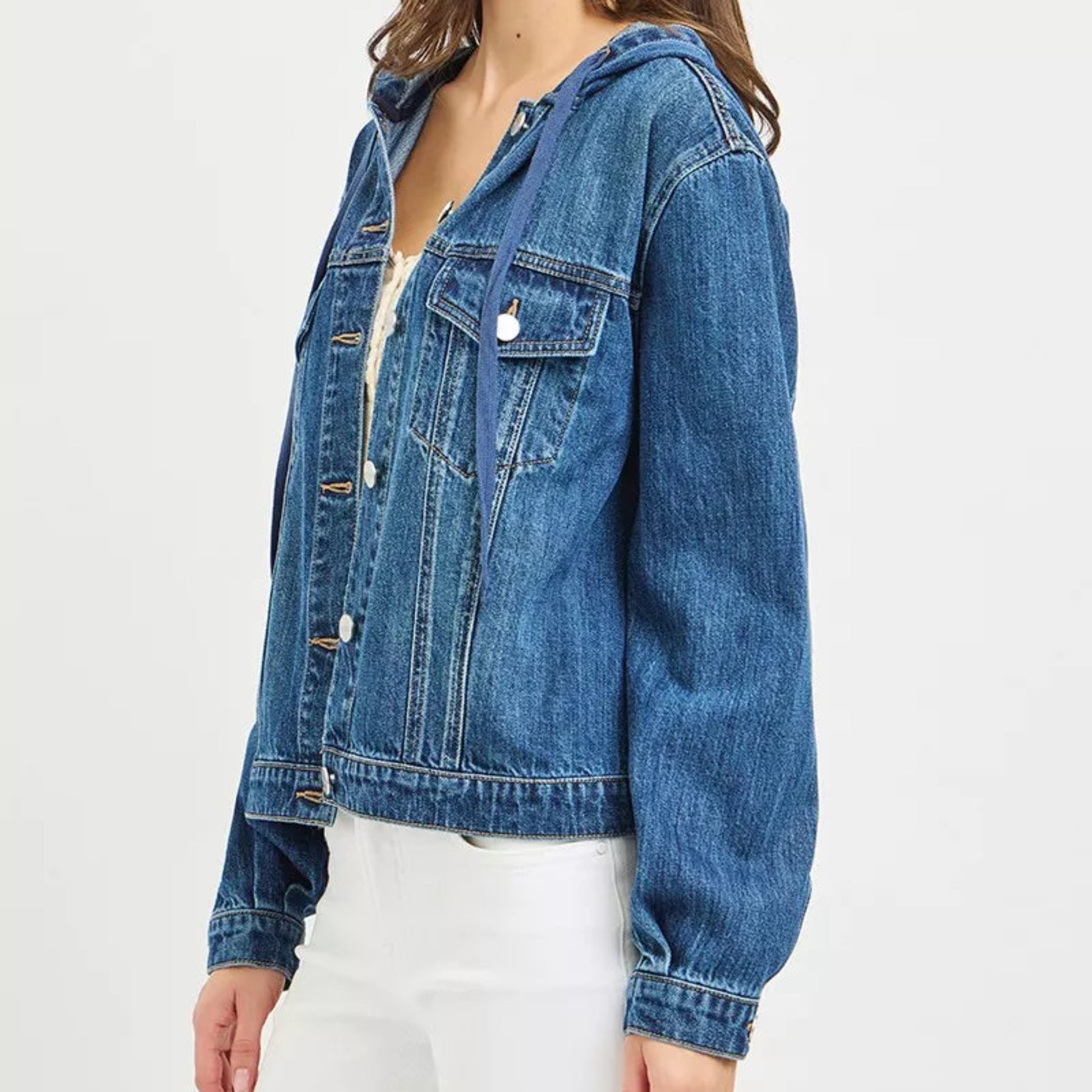 RISEN Hooded Denim Jacket in Medium Wash - Side View