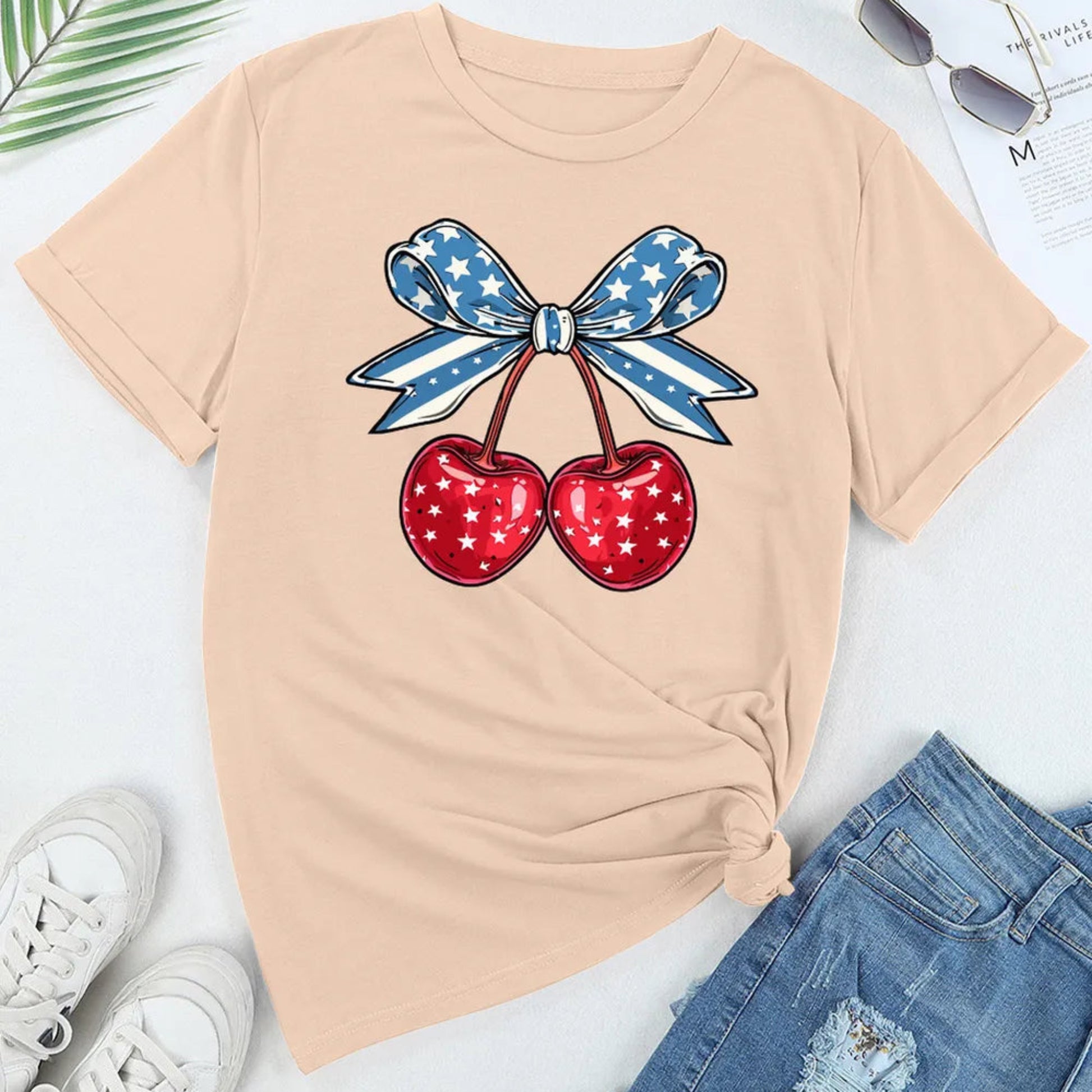 Cherry Graphic Round Neck Short Sleeve T-Shirt in Tan - Detail View