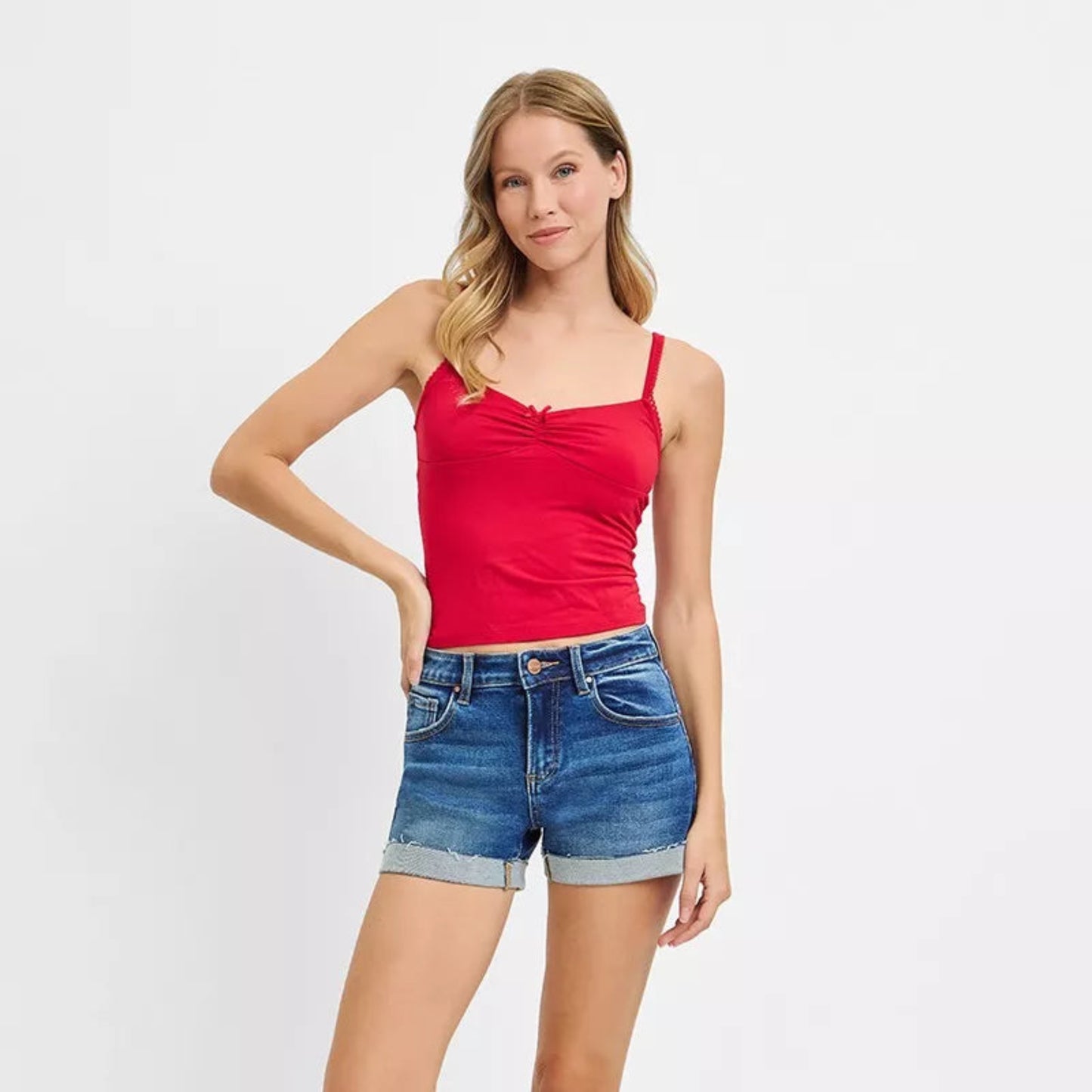 RISEN Low Rise Cuffed Denim Shorts in Dark Wash - Detail View