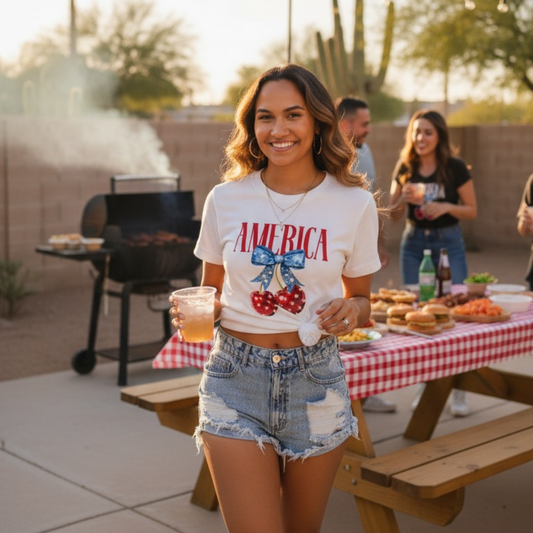 Woman in a 'America' t-shirt holding a drink at a barbecue party