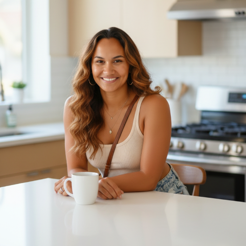 Woman sitting at a kitchen counter holding a mug, smiling.