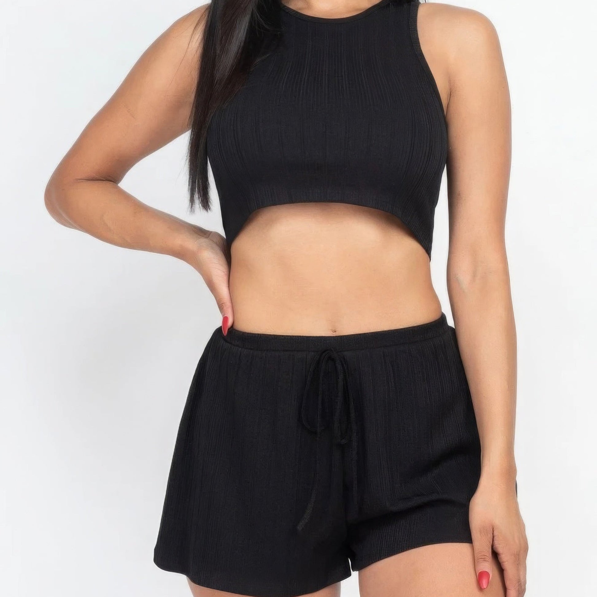 Soft Rib Crop Tank Top And Shorts Two Piece Set in Black - Front View 