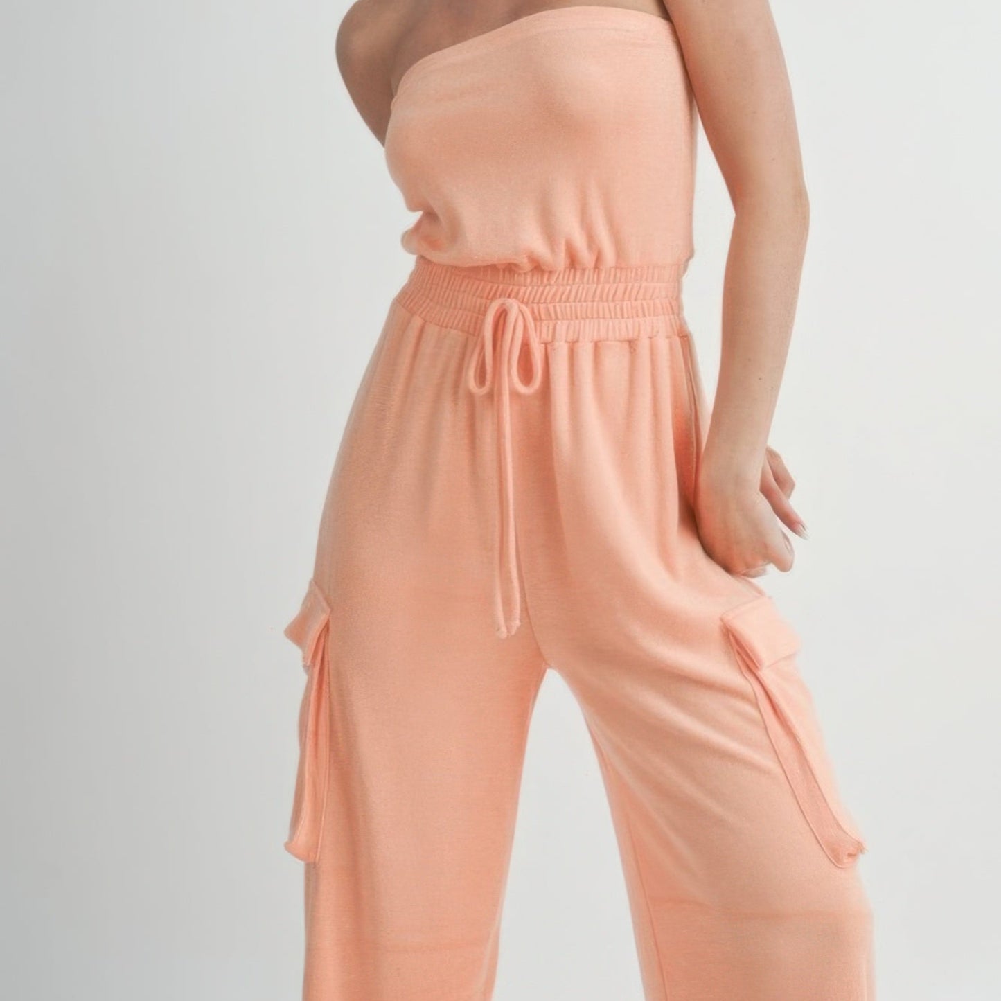 Tube Top Jumpsuit Romper in Peach - Lifestyle View 1 