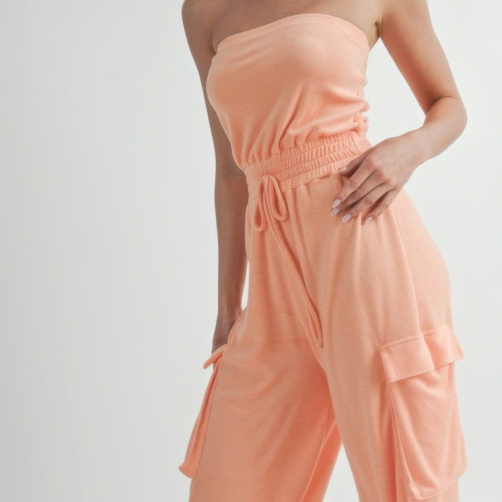 Tube Top Jumpsuit Romper in Peach - Lifestyle View 2