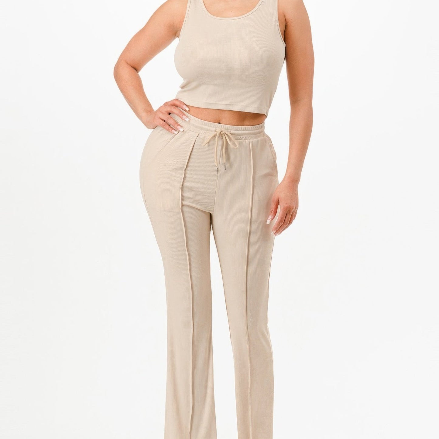 Ribbed Tank Top And Pant Two Piece Set in Khaki- Front View