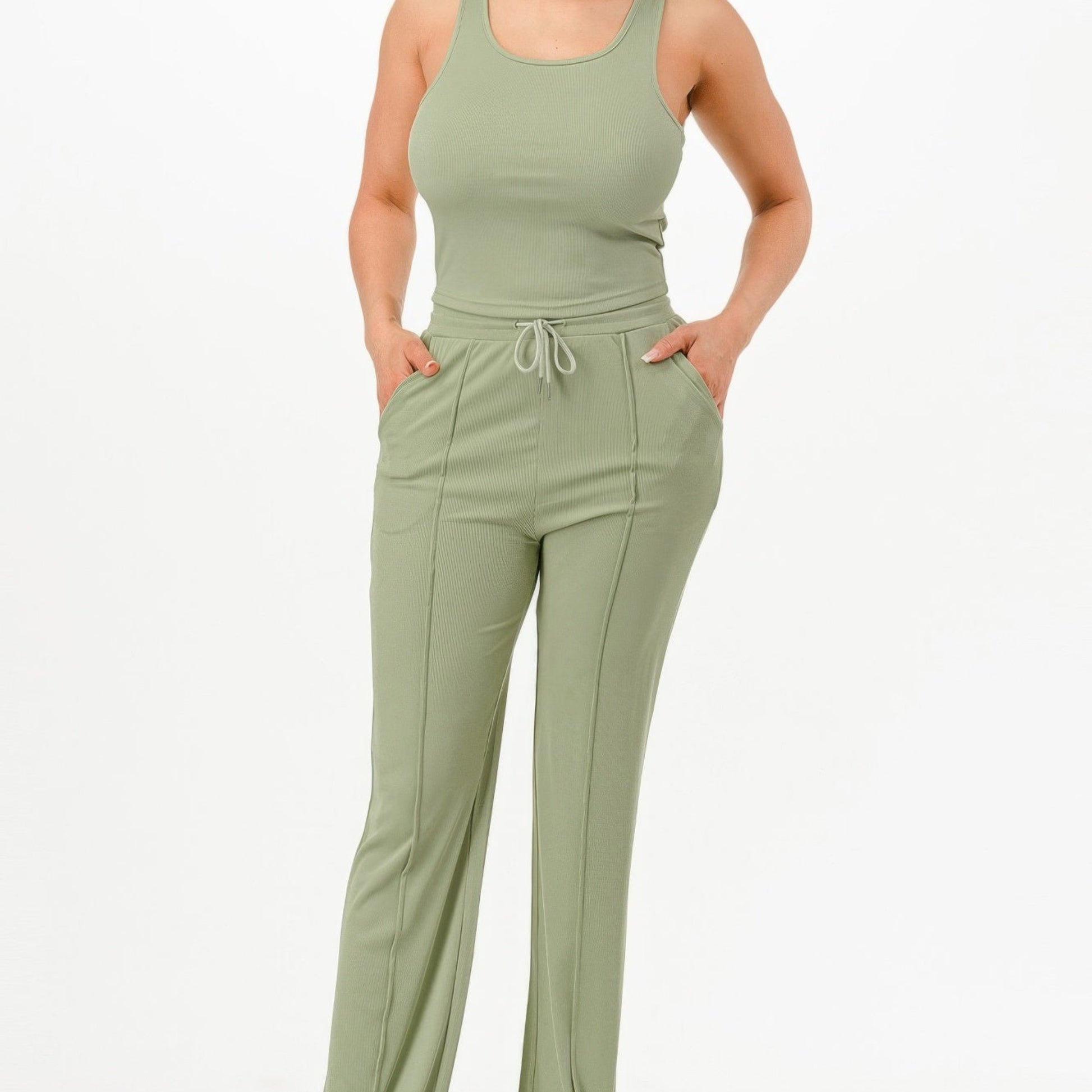Ribbed Tank Top And Pant Two Piece Set in Green - Lifestyle View