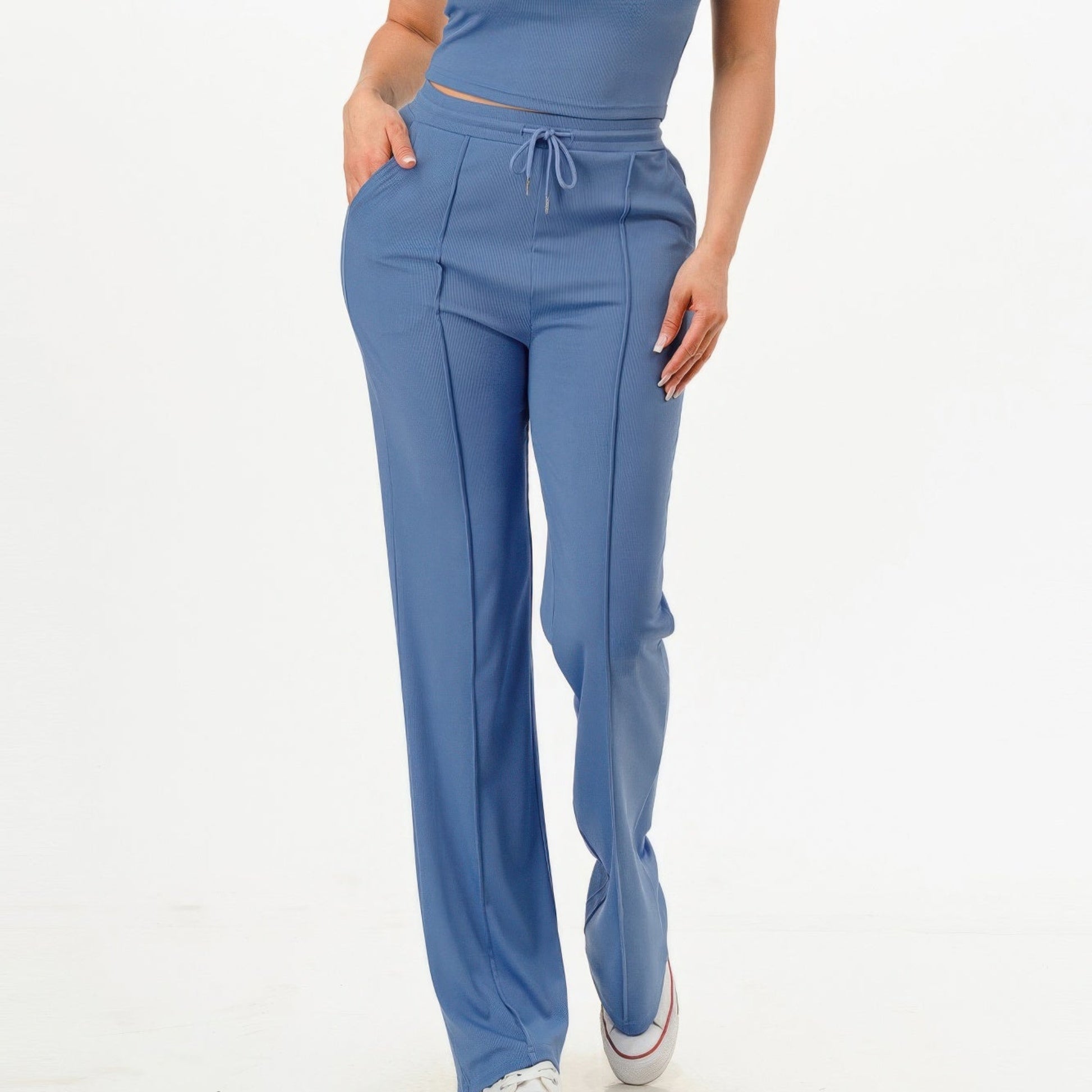 Ribbed Tank Top And Pant Two Piece Set in Blue - Lifestyle View 