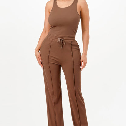 Ribbed Tank Top And Pant Two Piece Set in Brown - Front View 