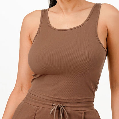 Ribbed Tank Top And Pant Two Piece Set in Brown - Detail View 