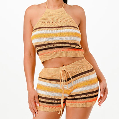 Crochet Halter Top And Shorts Two Piece Set in Tan - Front View 