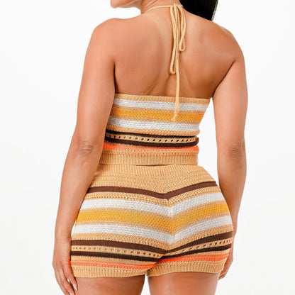 Crochet Halter Top And Shorts Two Piece Set in Tan - Back View