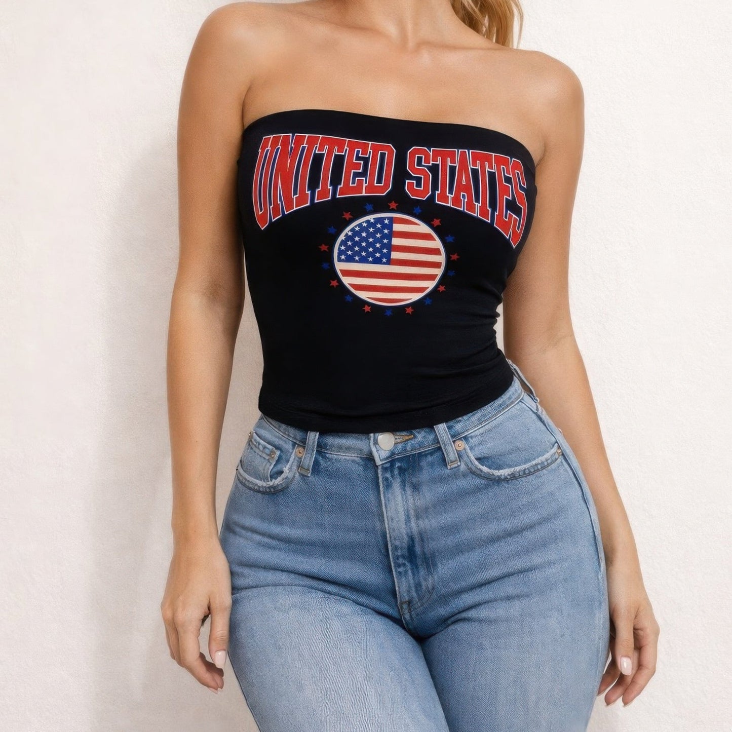 Patriotic USA Graphic Strapless Tube Top in Black - Front View