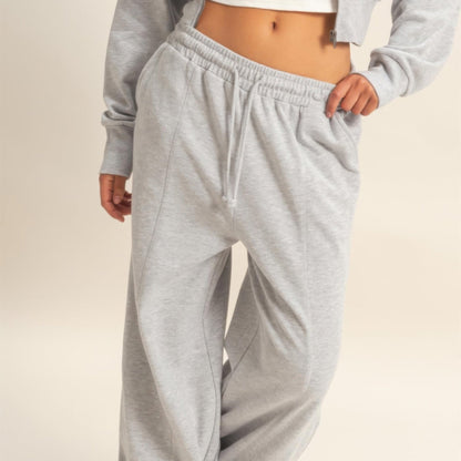 Acid Wash French Terry Wide-Leg Pants in Heather Grey - Front View