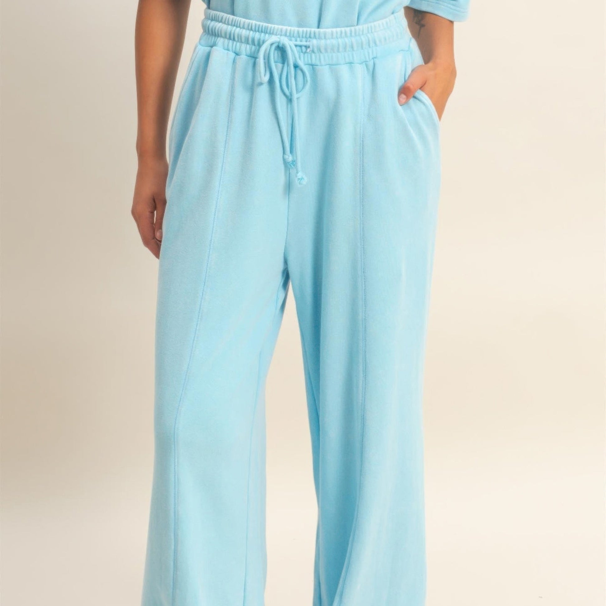 Acid Wash French Terry Wide-Leg Pants in Blue - Front View