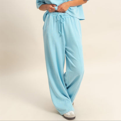 Acid Wash French Terry Wide-Leg Pants in Blue - Lifestyle View