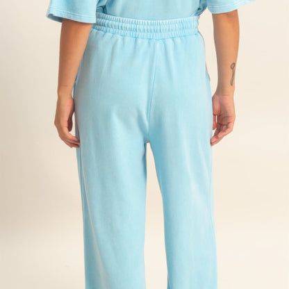 Acid Wash French Terry Wide-Leg Pants in Blue - Back View