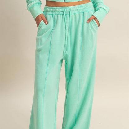 Acid Wash French Terry Wide-Leg Pants in Mint - Front View
