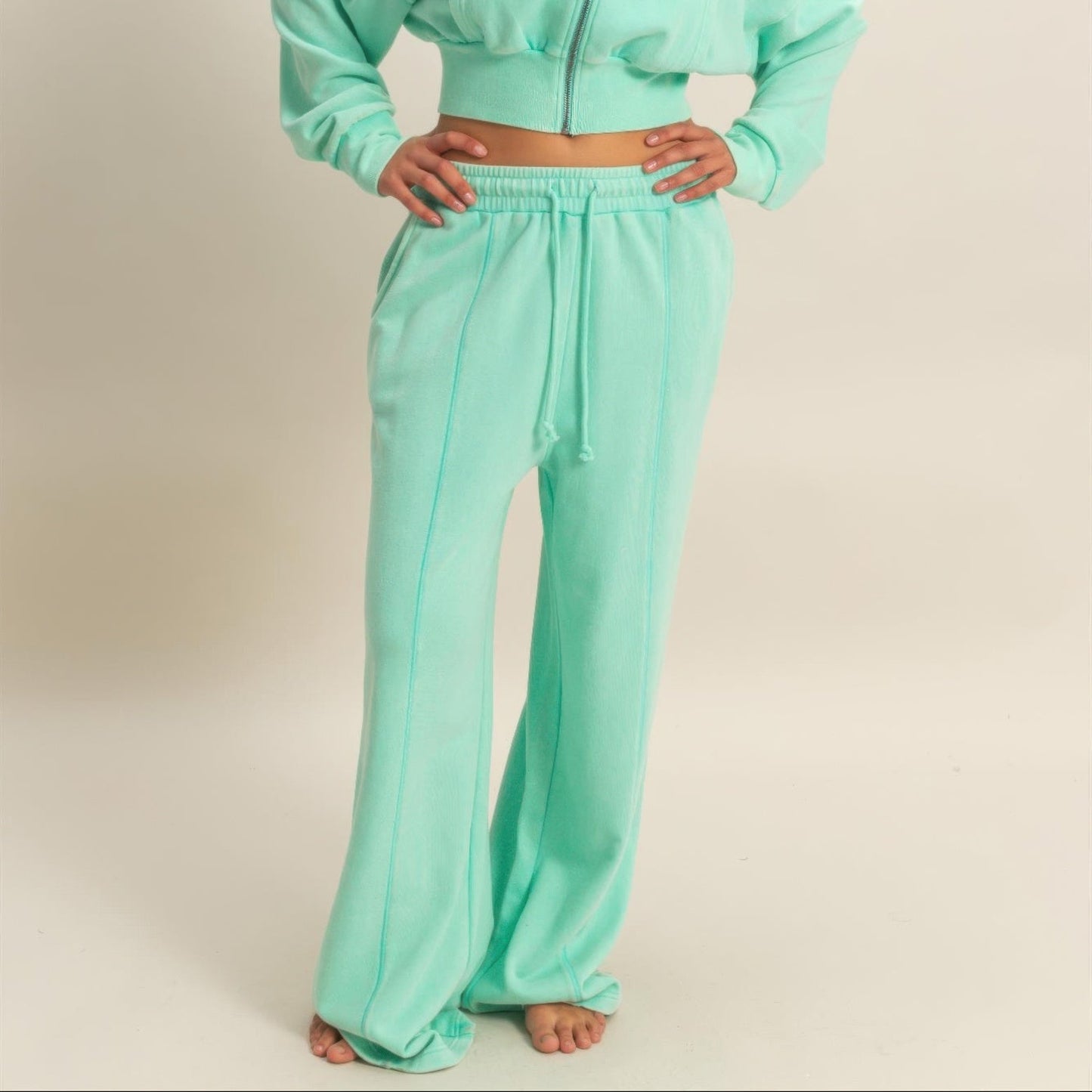 Acid Wash French Terry Wide-Leg Pants in Mint - Lifestyle View