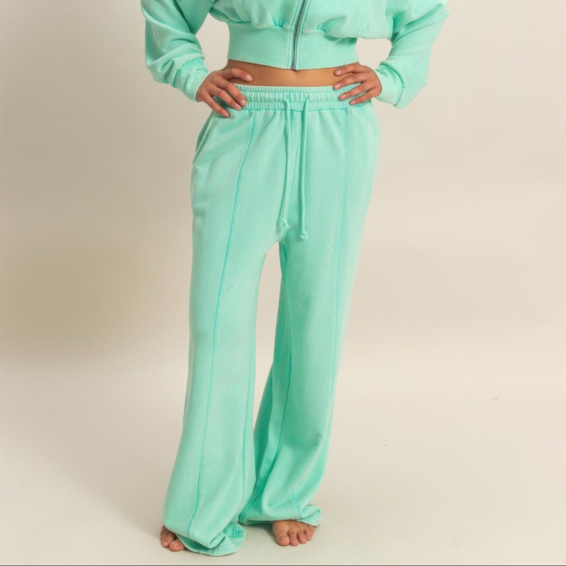 Acid Wash French Terry Wide-Leg Pants in Mint - Lifestyle View