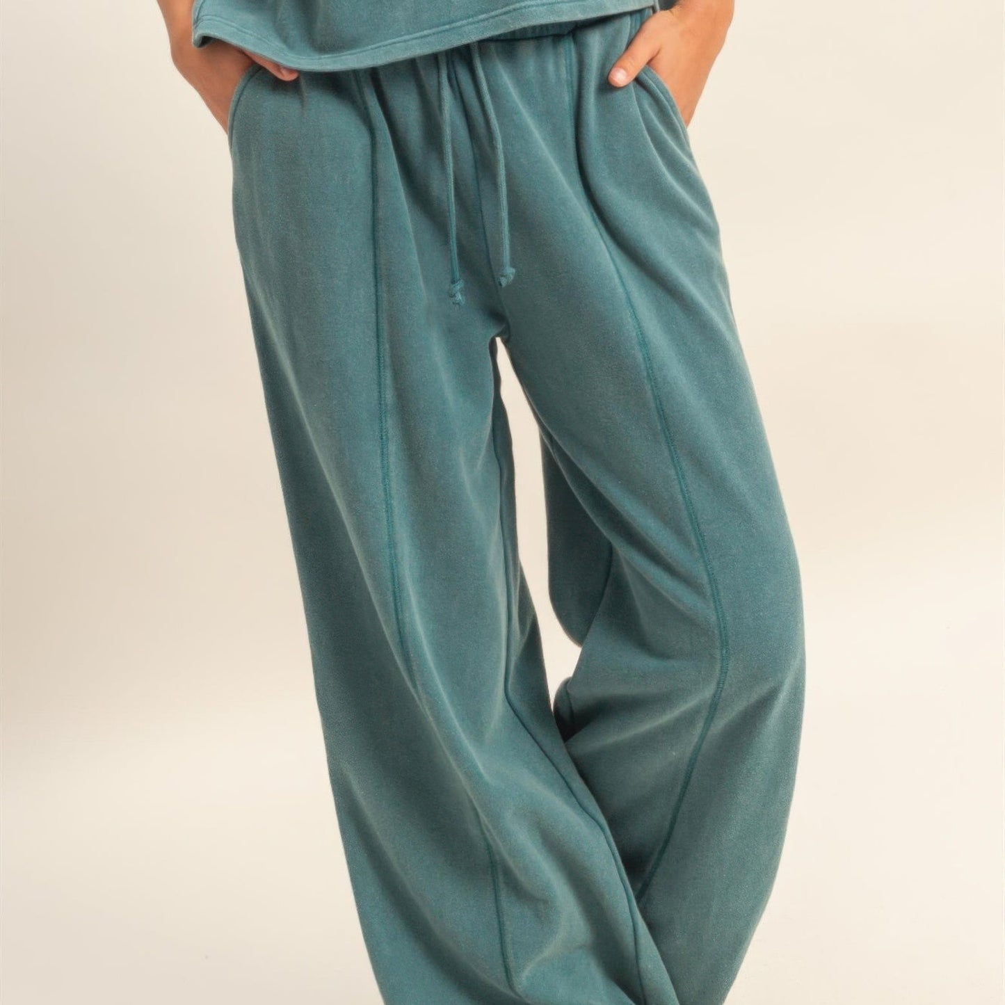 Acid Wash French Terry Wide-Leg Pants in Dark Teal - Front View