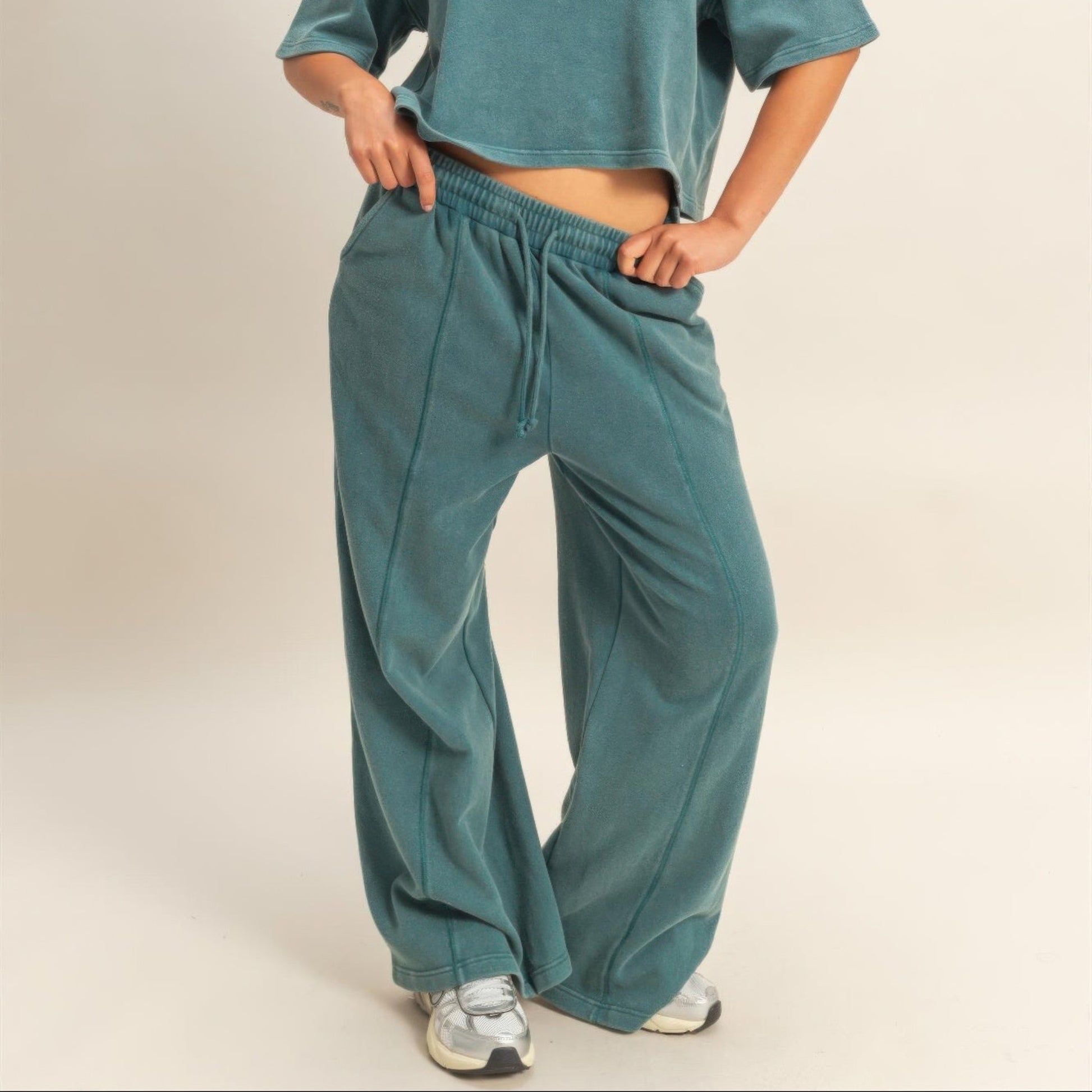 Acid Wash French Terry Wide-Leg Pants in Dark Teal - Lifestyle View