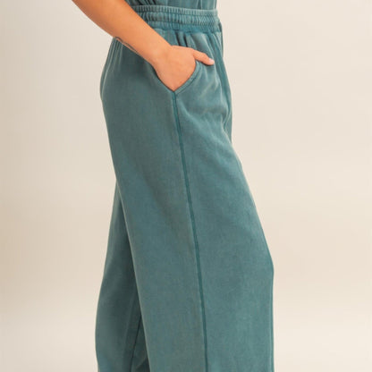 Acid Wash French Terry Wide-Leg Pants in Dark Teal - Side View
