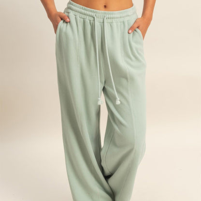 Acid Wash French Terry Wide-Leg Pants in Saige Green - Front View