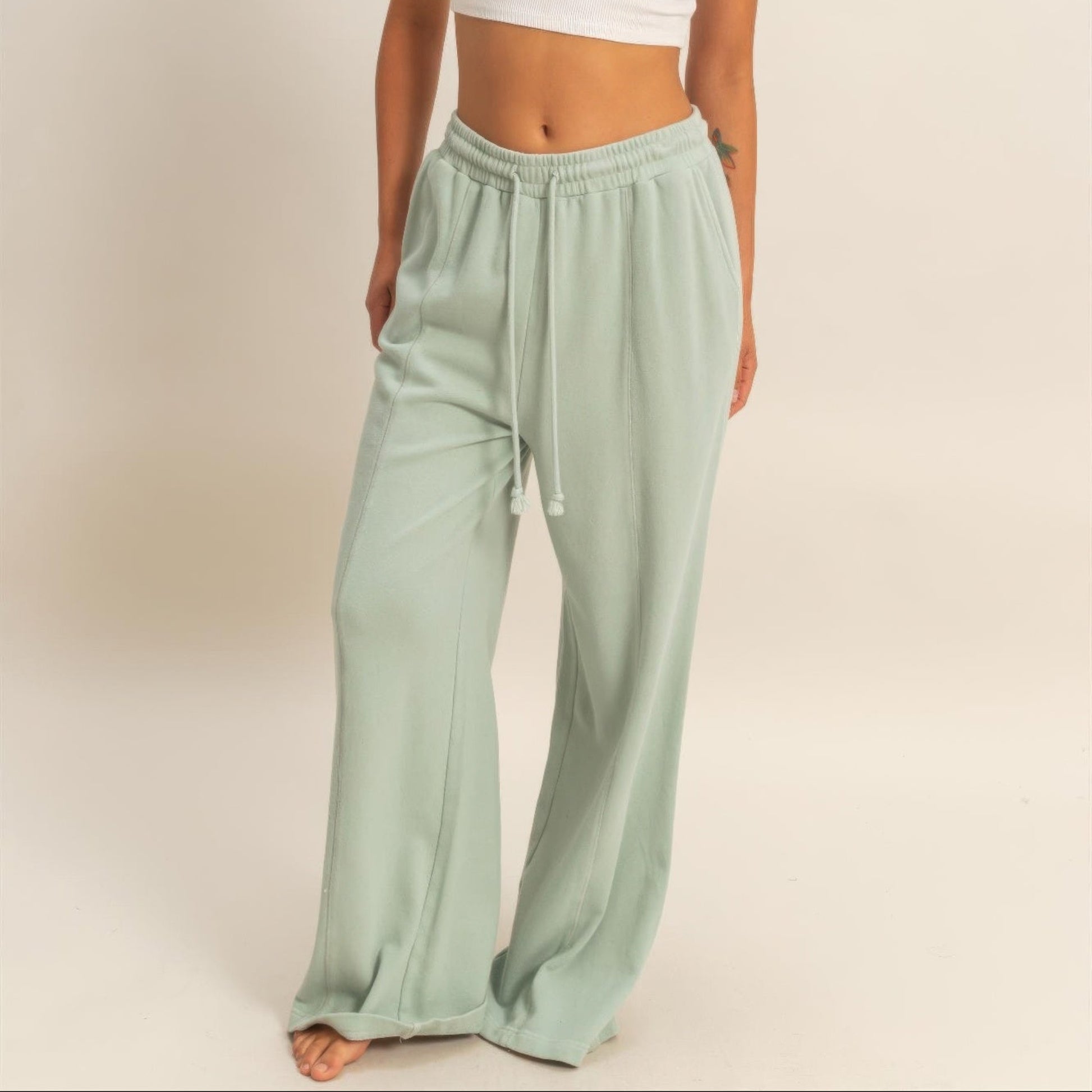Acid Wash French Terry Wide-Leg Pants in Saige Green - Lifestyle View