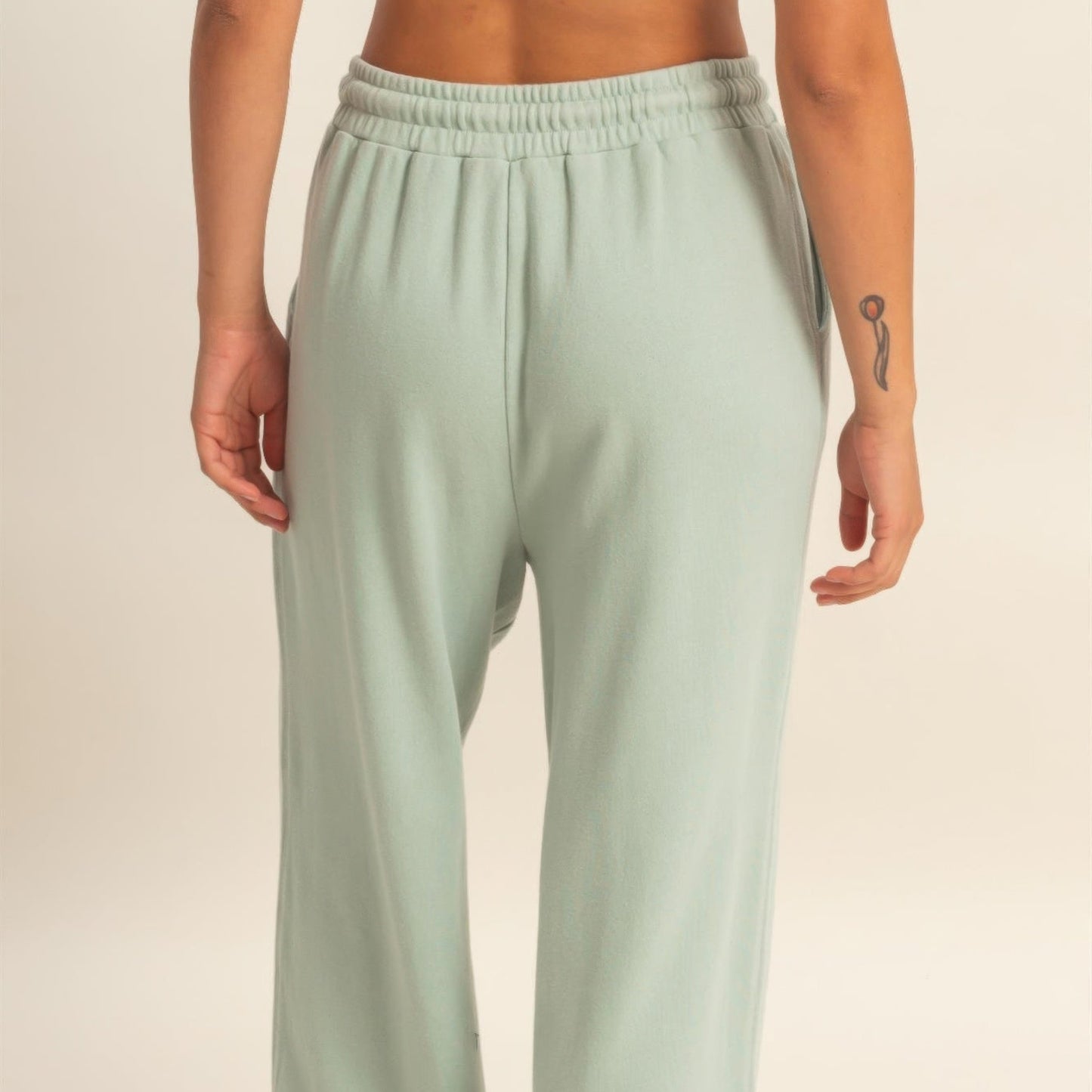 Acid Wash French Terry Wide-Leg Pants in Saige Green - Back View