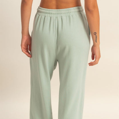 Acid Wash French Terry Wide-Leg Pants in Saige Green - Back View