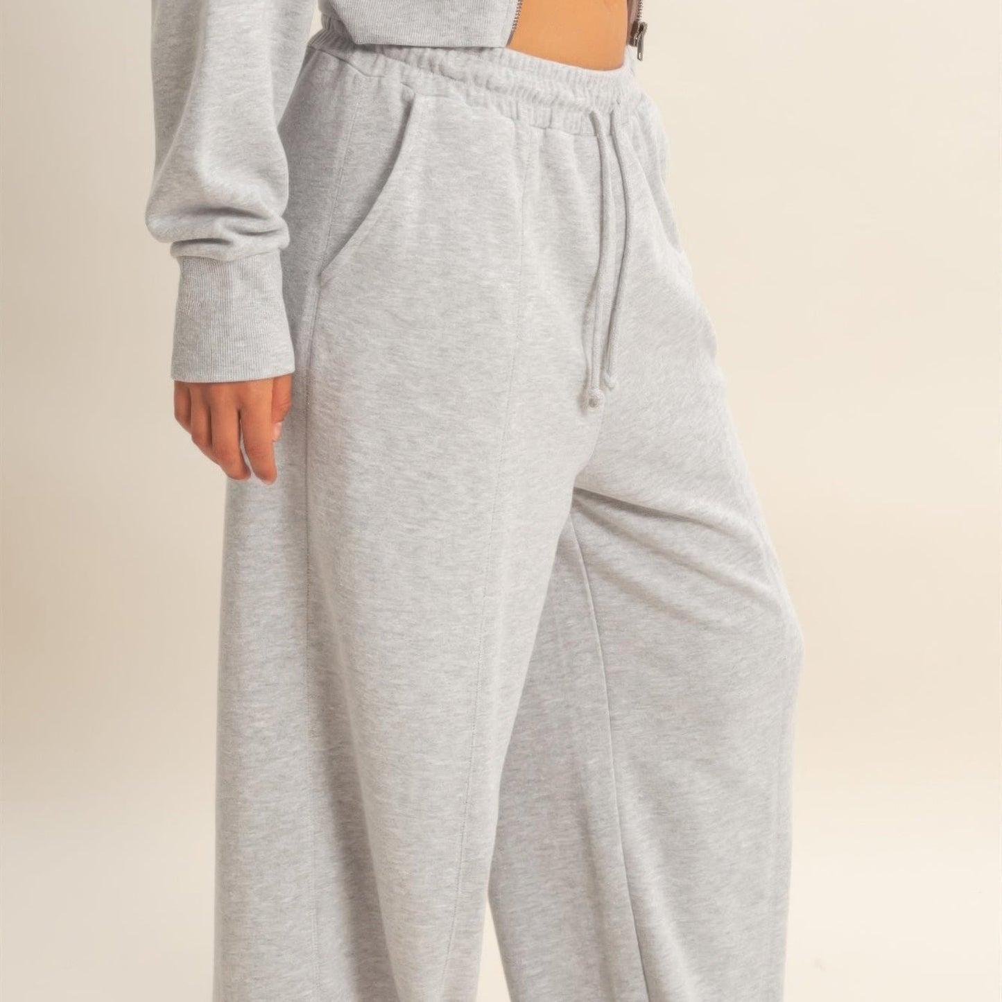 Acid Wash French Terry Wide-Leg Pants in Heather Grey - side View