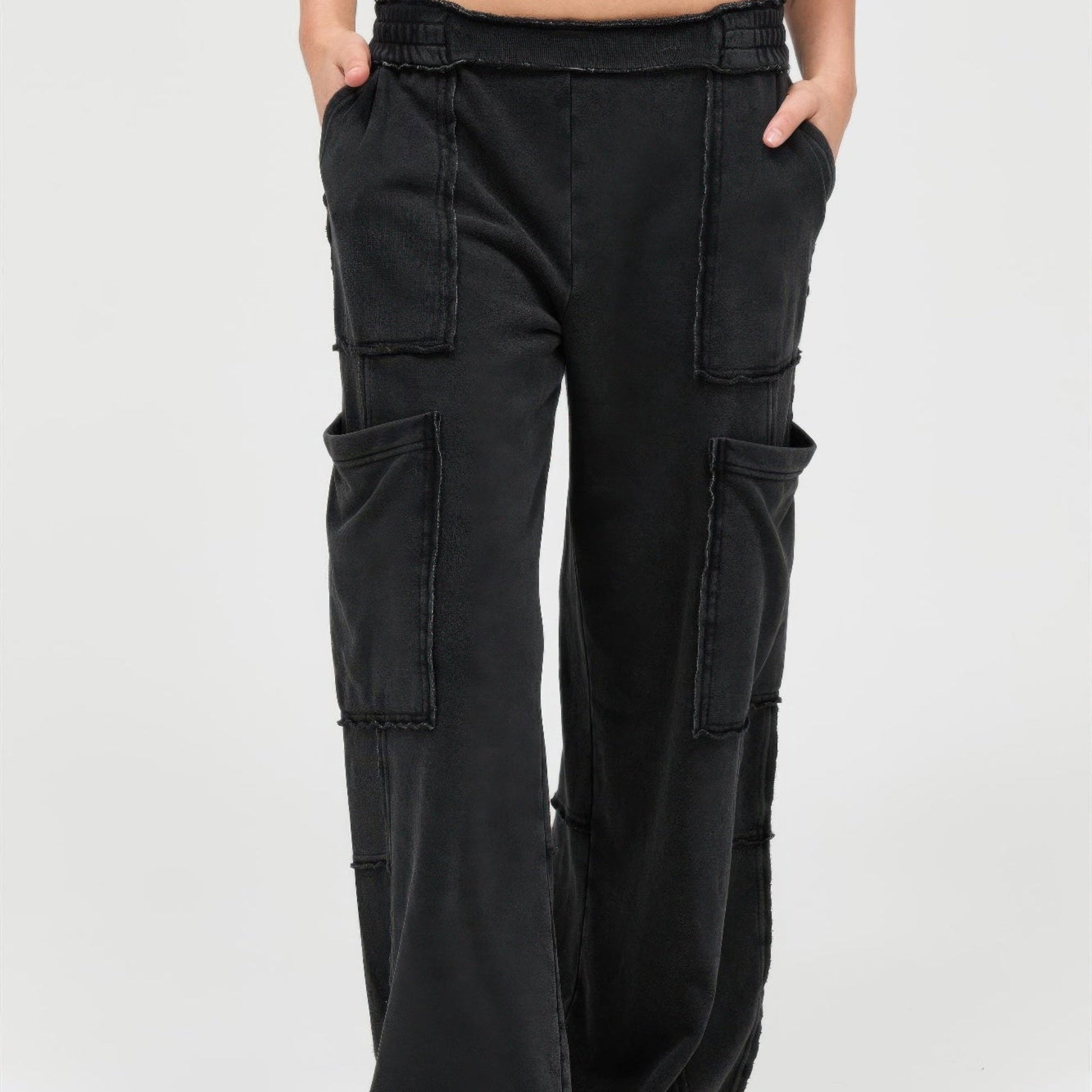 Mineral Wash Wide Leg Cargo Pants in Black - Front View
