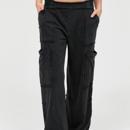 Mineral Wash Wide Leg Cargo Pants in Black - Front View
