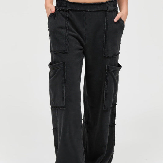 Mineral Wash Wide Leg Cargo Pants in Black - Front View
